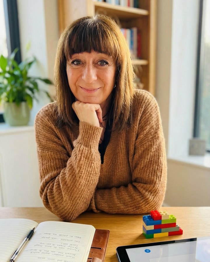 Isabelle Rivart, orthopédagogue, à son bureau avec un carnet, des briques de construction et une tablette — le regard franc et souriant.